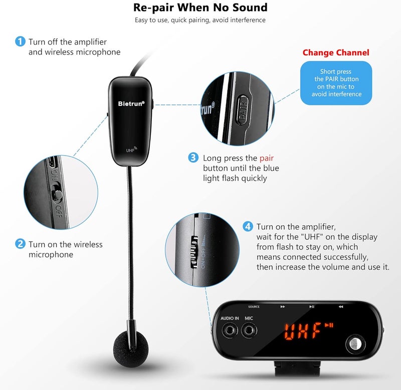 Bietrun Voice Amplifier for Teachers with Bluetooth, Portable Rechargeable Wireless Voice Amplifier with Headset Microphone Portable Megaphone Speaker for Teaching, Coach, Instructor, Tour Guide - Image 4